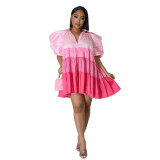 Women's V-Neck Contrast Color Satin Dress Patchwork A-Line Swing Dress