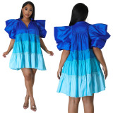 Women's V-Neck Contrast Color Satin Dress Patchwork A-Line Swing Dress