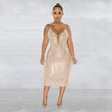Women's Fashion Solid Color Camisole Sleeveless Mesh Beaded Maxi Dress