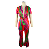 Women's Random Stripe Print V-Neck Short Sleeve Cargo Rompers
