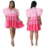 Women's V-Neck Contrast Color Satin Dress Patchwork A-Line Swing Dress