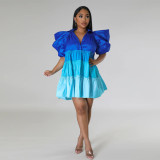 Women's V-Neck Contrast Color Satin Dress Patchwork A-Line Swing Dress