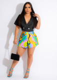 Women's Stiff Double Breasted Blazer Short Sleeve Top Print Short Set Two-Piece