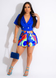 Women's Stiff Double Breasted Blazer Short Sleeve Top Print Short Set Two-Piece