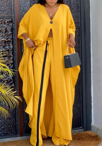Women's fashion yellow v-neck loose long-sleeved blouse pants suit