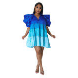 Women's V-Neck Contrast Color Satin Dress Patchwork A-Line Swing Dress