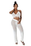 Women's Cutout See-Through Two-Piece Beach Style Fishnet Tassel Wide Leg Sexy Two Piece Pants Set