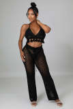 Women's Cutout See-Through Two-Piece Beach Style Fishnet Tassel Wide Leg Sexy Two Piece Pants Set