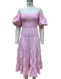 Summer Women's Fashion Loose Off Shoulder Puff Sleeve A-Line Midi Dress