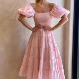 Summer Women's Fashion Loose Off Shoulder Puff Sleeve A-Line Midi Dress
