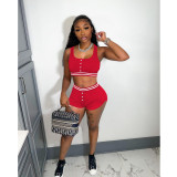 Ladies Solid Color Tank Top Shorts Sports Two Piece Set