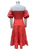 Summer Women's Fashion Loose Off Shoulder Puff Sleeve A-Line Midi Dress