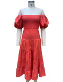 Summer Women's Fashion Loose Off Shoulder Puff Sleeve A-Line Midi Dress