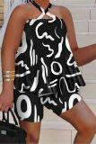 Sexy Print Halter Straps Sleeveless Loose Top Shorts Two Piece Set