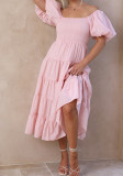 Summer Women's Fashion Loose Off Shoulder Puff Sleeve A-Line Midi Dress
