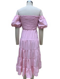 Summer Women's Fashion Loose Off Shoulder Puff Sleeve A-Line Midi Dress