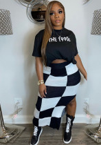 Spring/Summer Black And White Gingham Print Casual Two-Piece Skirt Set