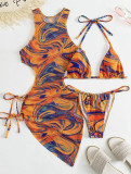 Two Piece Bikini Swimsuit Cutout Lace-Up Drawstring Cover Up Dress Three-Piece Swimwear