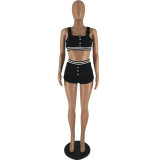 Ladies Solid Color Tank Top Shorts Sports Two Piece Set