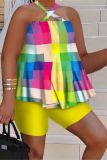 Sexy Print Halter Straps Sleeveless Loose Top Shorts Two Piece Set
