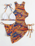 Two Piece Bikini Swimsuit Cutout Lace-Up Drawstring Cover Up Dress Three-Piece Swimwear
