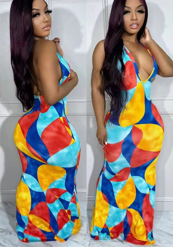 Women's Fashion Digital Print Halter Neck Maxi Dress