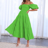 Summer Women's Fashion Loose Off Shoulder Puff Sleeve A-Line Midi Dress