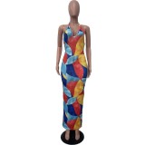 Women's Fashion Digital Print Halter Neck Maxi Dress