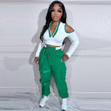 Fashionable Color Contrast Cutout Long Sleeve Two Piece Pants Set
