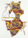 Two Piece Bikini Swimsuit Cutout Lace-Up Drawstring Cover Up Dress Three-Piece Swimwear