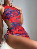 Two Piece Bikini Swimsuit Cutout Lace-Up Drawstring Cover Up Dress Three-Piece Swimwear