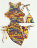 Two Piece Bikini Swimsuit Cutout Lace-Up Drawstring Cover Up Dress Three-Piece Swimwear