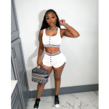 Ladies Solid Color Tank Top Shorts Sports Two Piece Set