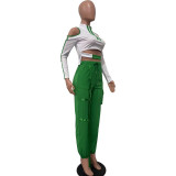 Fashionable Color Contrast Cutout Long Sleeve Two Piece Pants Set