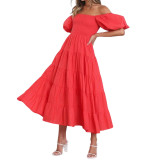 Summer Women's Fashion Loose Off Shoulder Puff Sleeve A-Line Midi Dress