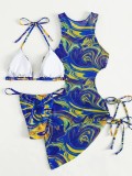 Two Piece Bikini Swimsuit Cutout Lace-Up Drawstring Cover Up Dress Three-Piece Swimwear