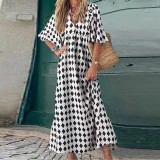Women Summer Geometric Patch Puff Sleeve Dress