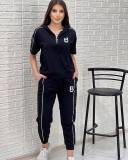 Women Casual Hooded Embroidery Short Sleeve Top and Pant Two-Piece Set