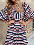 Women Summer Geometric Patch Puff Sleeve Dress