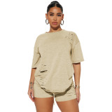 Ladies Fashion Casual Ripped Solid Color Two-Piece Set