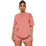 Ladies Fashion Casual Ripped Solid Color Two-Piece Set