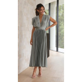 Spring Summer Sexy Pleated Dress Casual Loose Zipper Sleeveless Dress