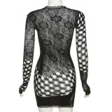 Spring Women's Fashion Jacquard Cutout Round Neck High Waist Slim Short One-Piece Dress