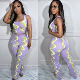 Summer Fashion Ladies Sexy Sleeveless Positioning Digital Printing Ribbed Two-Piece Set
