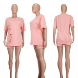 Ladies Fashion Casual Ripped Solid Color Two-Piece Set