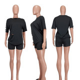 Ladies Fashion Casual Ripped Solid Color Two-Piece Set