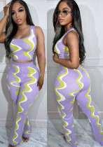 Summer Fashion Ladies Sexy Sleeveless Positioning Digital Printing Ribbed Two-Piece Set