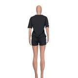 Ladies Fashion Casual Ripped Solid Color Two-Piece Set