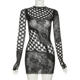Spring Women's Fashion Jacquard Cutout Round Neck High Waist Slim Short One-Piece Dress