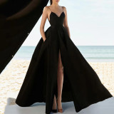 Summer Women's Sexy V Neck Dress Camisole Solid Color Sleeveless Fashion Evening Dress